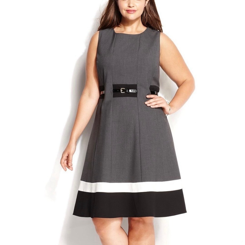 Calvin Klein Gray‎ Sleeveless Striped Hem Belted Flare Dress Size 14